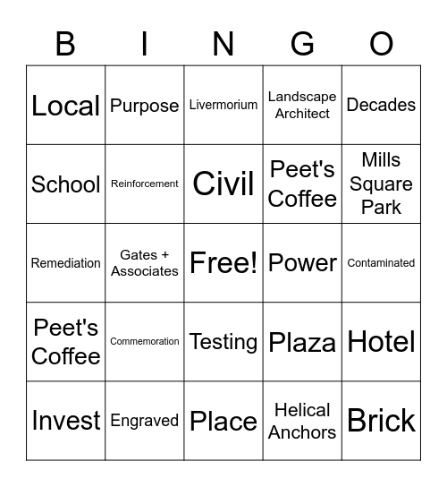 "Elements" of a Downtown Place Bingo Card