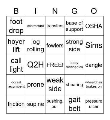 Body Positioning, Mechanics, & Transfer Bingo Card