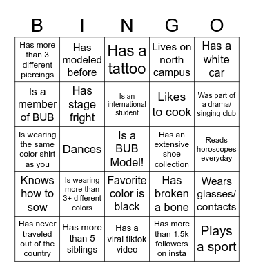 Find a model who... Bingo Card