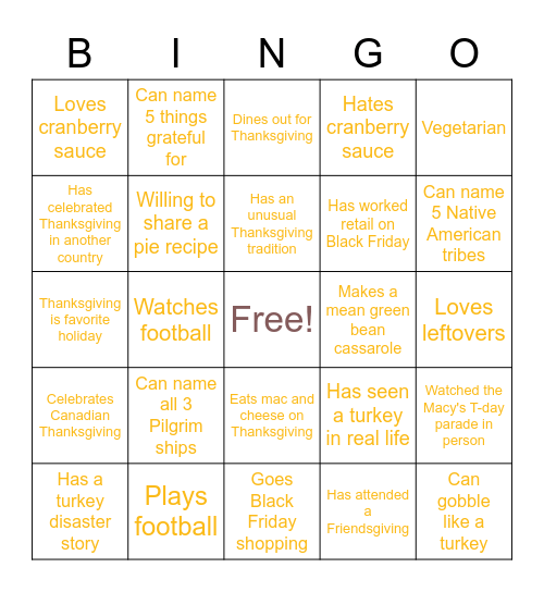 Virtual Thanksgiving Bingo Card