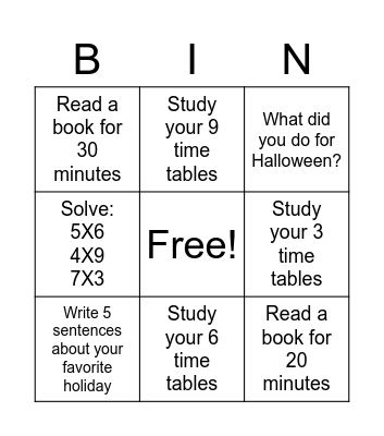 Homework Bingo Card