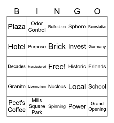 "Elements" of a Downtown Place Bingo Card