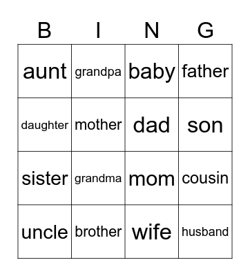 Family Vocabulary Bingo Card