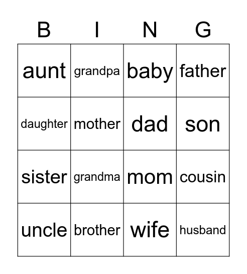 Family Vocabulary Bingo Card