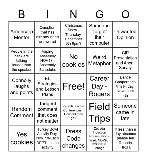 November 1 _ Staff Meeting Bingo Card