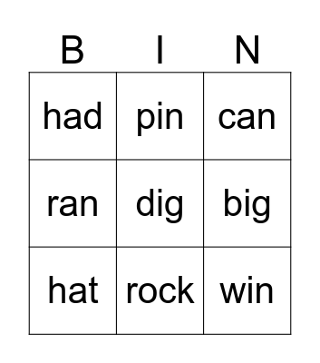 Short i bingo Card