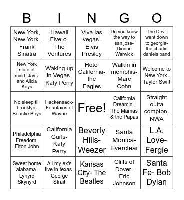 Songs with states/cities in the title Bingo Card