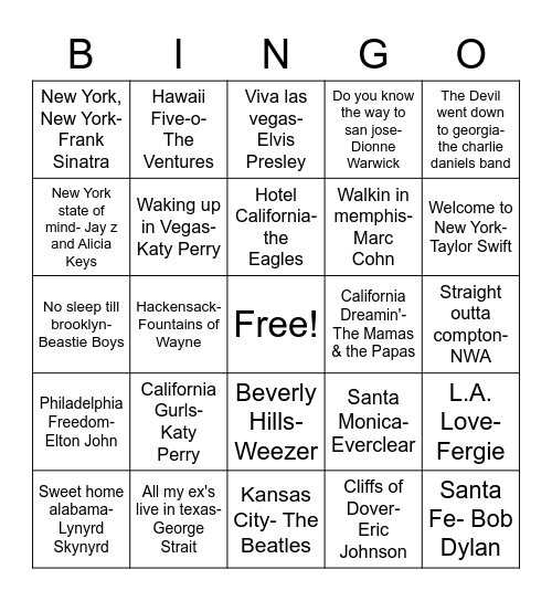 Songs with states/cities in the title Bingo Card