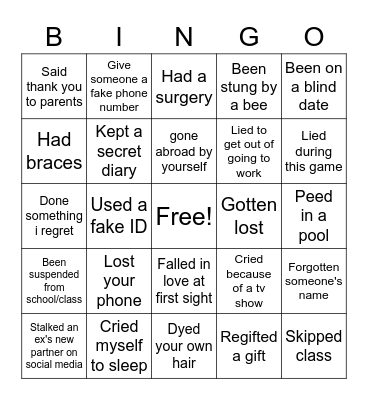 Never Have I Ever Bingo Card
