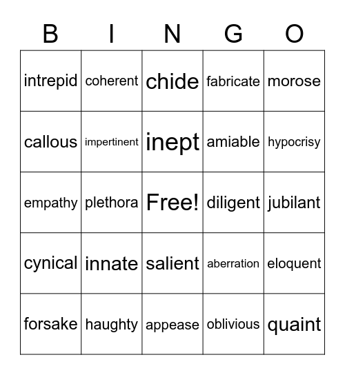 Vocabulary Extension Bingo Card