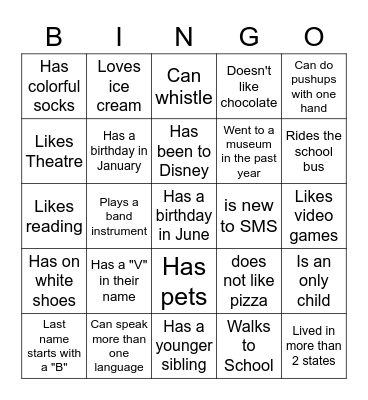 Middle School BINGO: Find someone who... Bingo Card