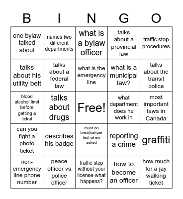 Calgary Police Presentation Bingo Card