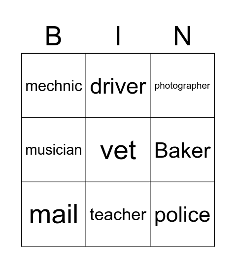 Occupation Bingo Card