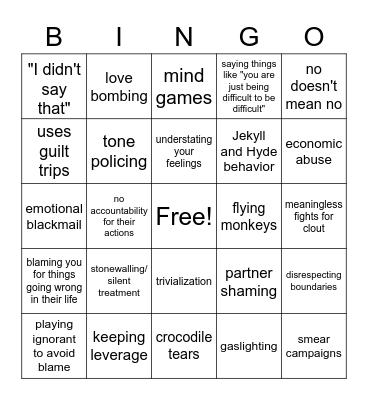Emotional Abuse Bingo Card