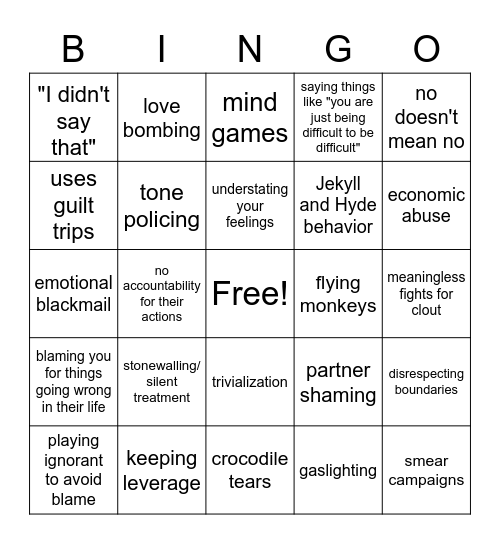 Emotional Abuse Bingo Card