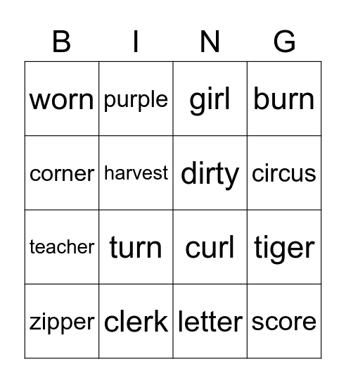 R - controlled vowel (bossy R) BINGO Card