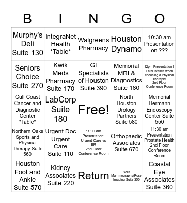 IntegraNet Health Physician Specialty Center Health Fair  Bingo Card