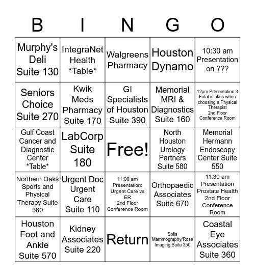 IntegraNet Health Physician Specialty Center Health Fair  Bingo Card