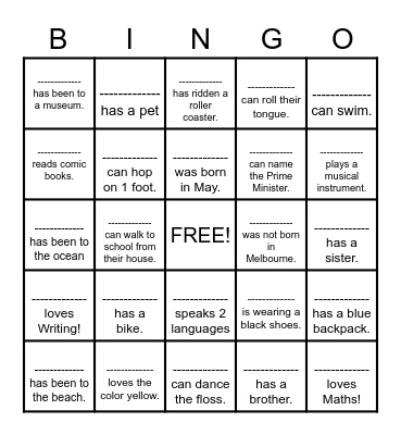 Friendship Bingo Card