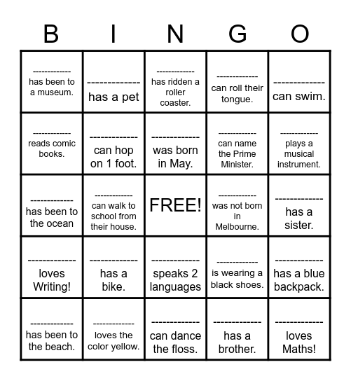 Friendship Bingo Card