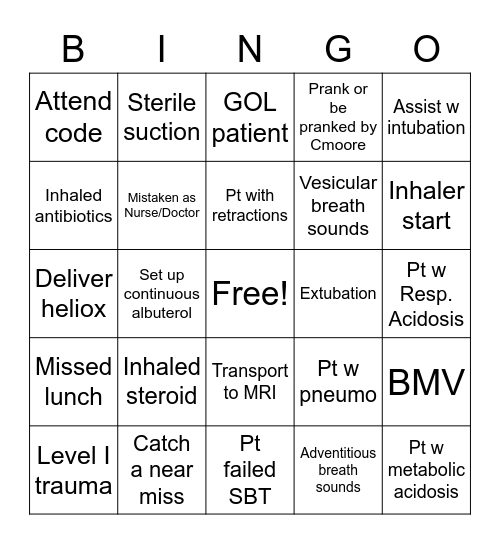 Respiratory BINGO Card
