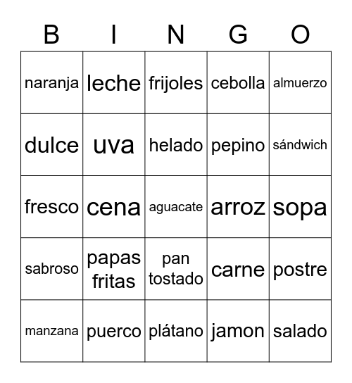 Comida Bingo Card