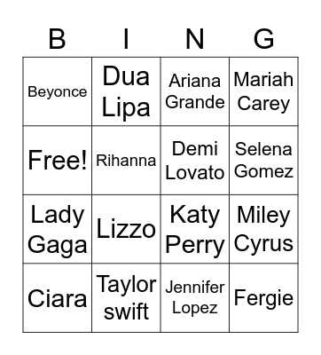 Female pop artist Bingo Card