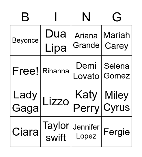 Female pop artist Bingo Card