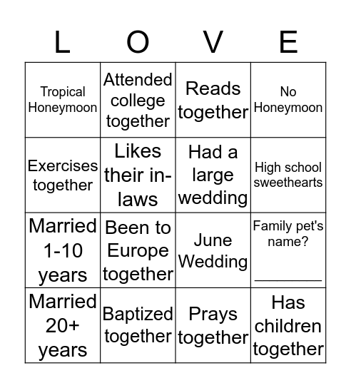 Art of Marriage Bingo Card