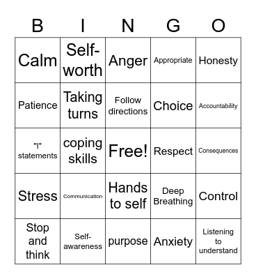 Impulse Control Bingo Card