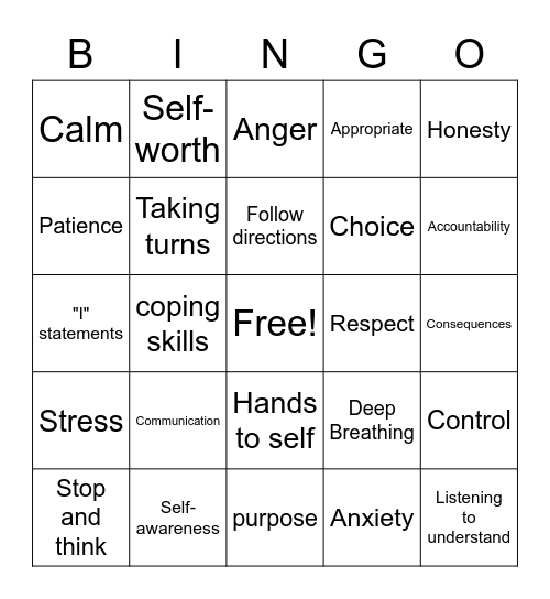 Impulse Control Bingo Card