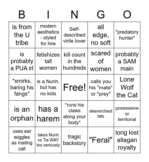 Fuckboy Miqo'te RPer Bingo Card
