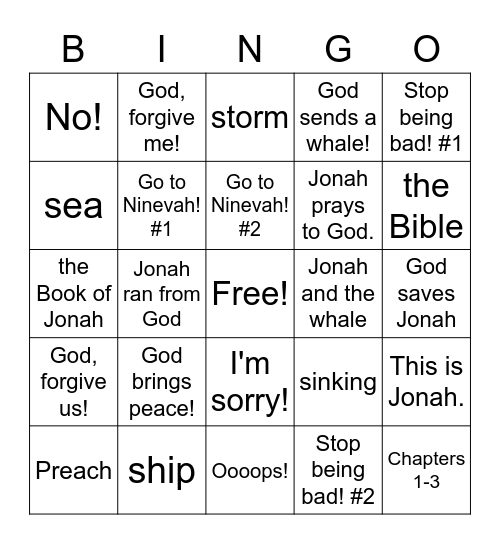 Jonah Bingo Card