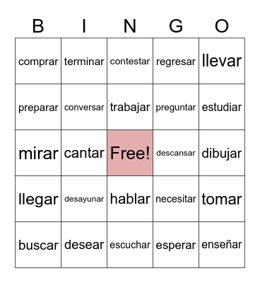 -ar verbs (present tense) Bingo Card