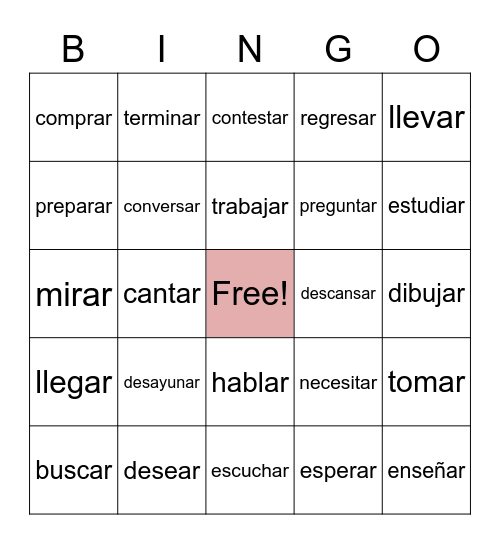 -ar verbs (present tense) Bingo Card