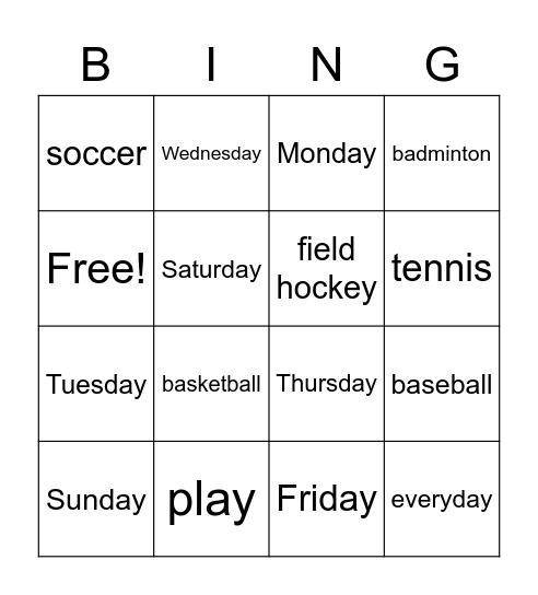 Days and Sports Bingo Card