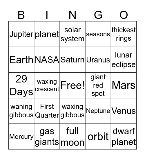 Space Bingo Card