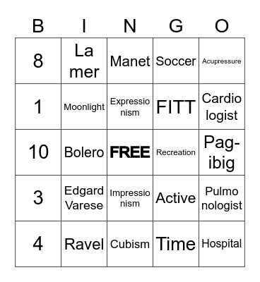 M A P E H Bingo Card
