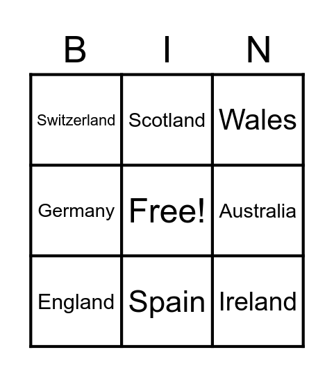 Countries Bingo Card