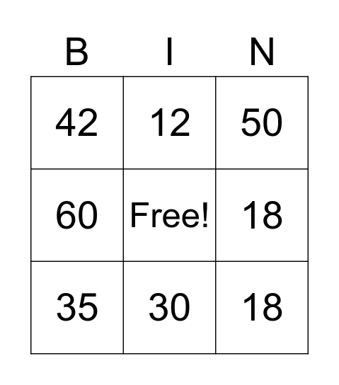 times table Bingo Card