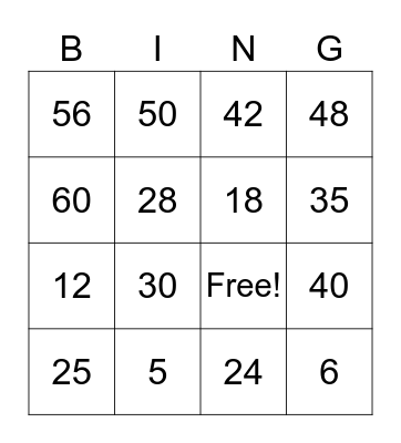 times table Bingo Card