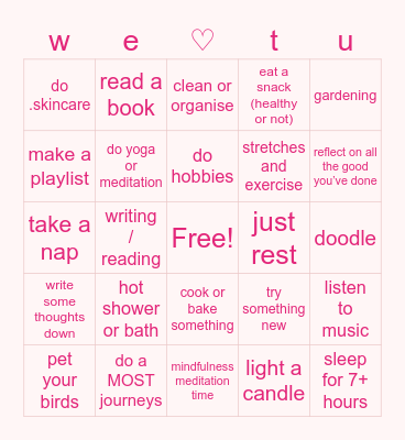 self care Bingo Card