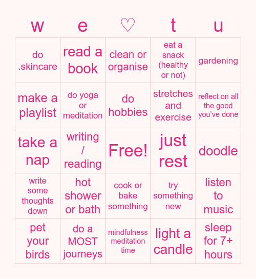self care Bingo Card