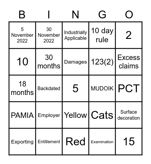 P A T E N T Bingo Card