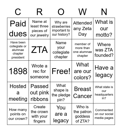 Zeta Tau Alpha Bingo Card