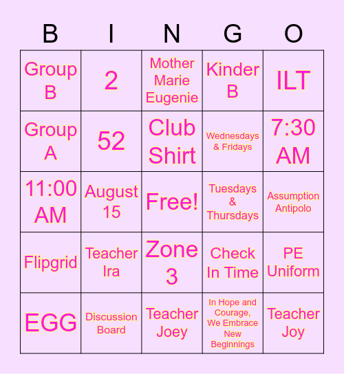KINDER FELLOWSHIP BINGO Card