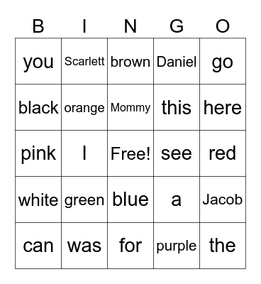 Family Sight Words Bingo Card