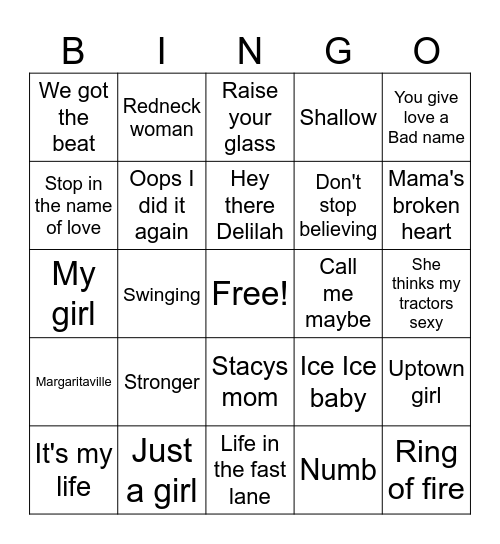 Sing a long songs Bingo Card