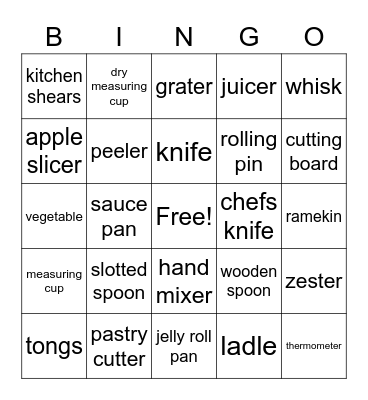 Cooking Bingo Card