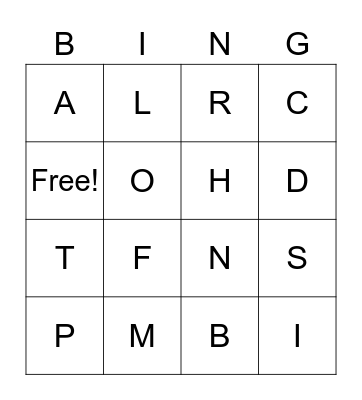 LETTERS Bingo Card